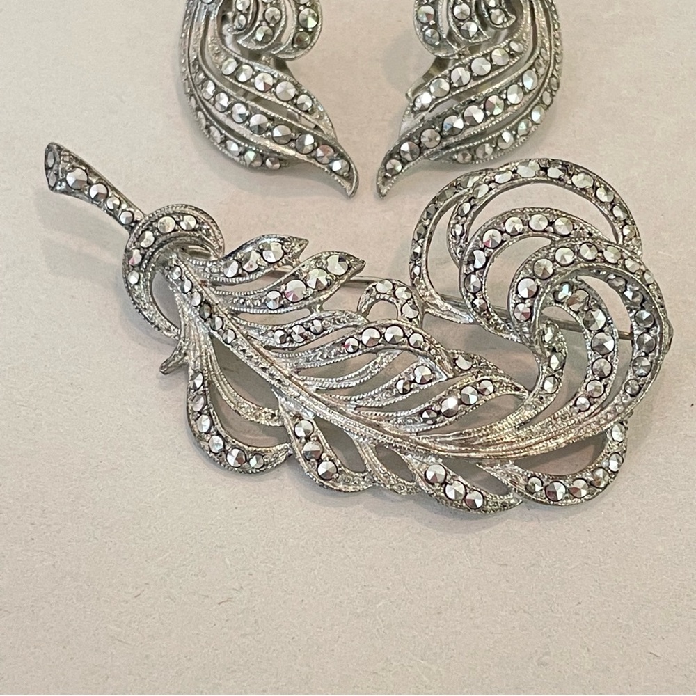 Vintage West Germany Sterling Silver 800 Rhinestone Brooch & Earrings Set Metall - Picture 4 of 13
